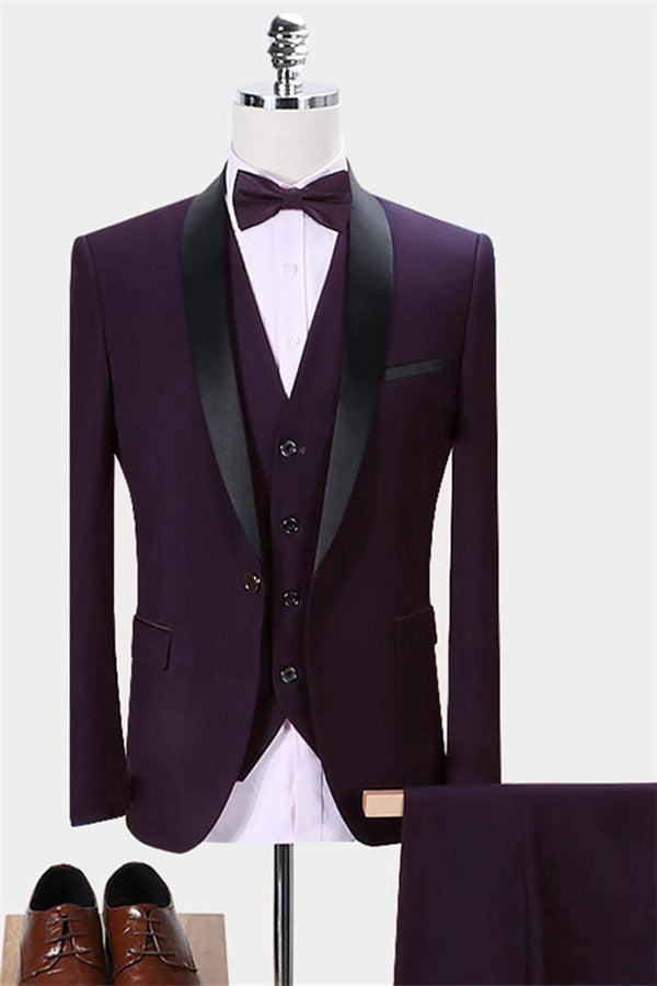 Easy Fit Tailcoat Three Piece Set in Stylish Dark Purple Shawl Lapel-Wedding Suits-BallBride