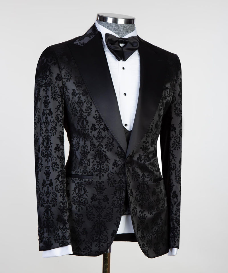 Edward Bespoke Men Suits - Black Jacquard Peaked Lapel Three Pieces-Wedding Suits-BallBride