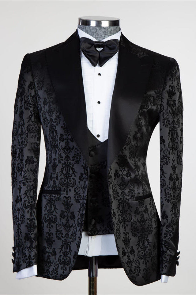 Edward Bespoke Men Suits - Black Jacquard Peaked Lapel Three Pieces-Wedding Suits-BallBride