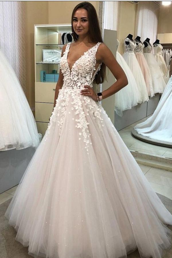 Elegant 3D Floral Long A-line Wedding Dress with V-neck Tulle-Wedding Dresses-BallBride