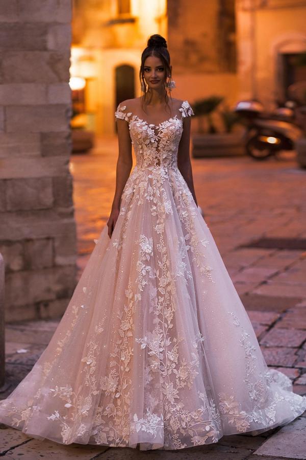 Elegant A-Line Bateau Backless Floor-length Sequins Wedding Dress with Appliques Lace-Wedding Dresses-BallBride