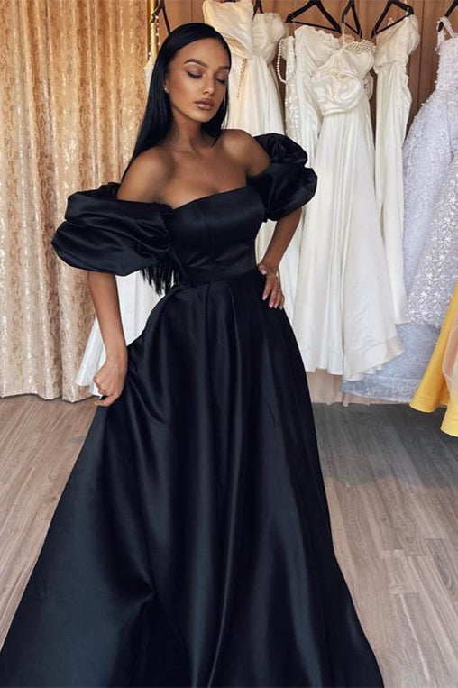 Elegant A Line Black Off-The-Shoulder Prom Dress-BallBride