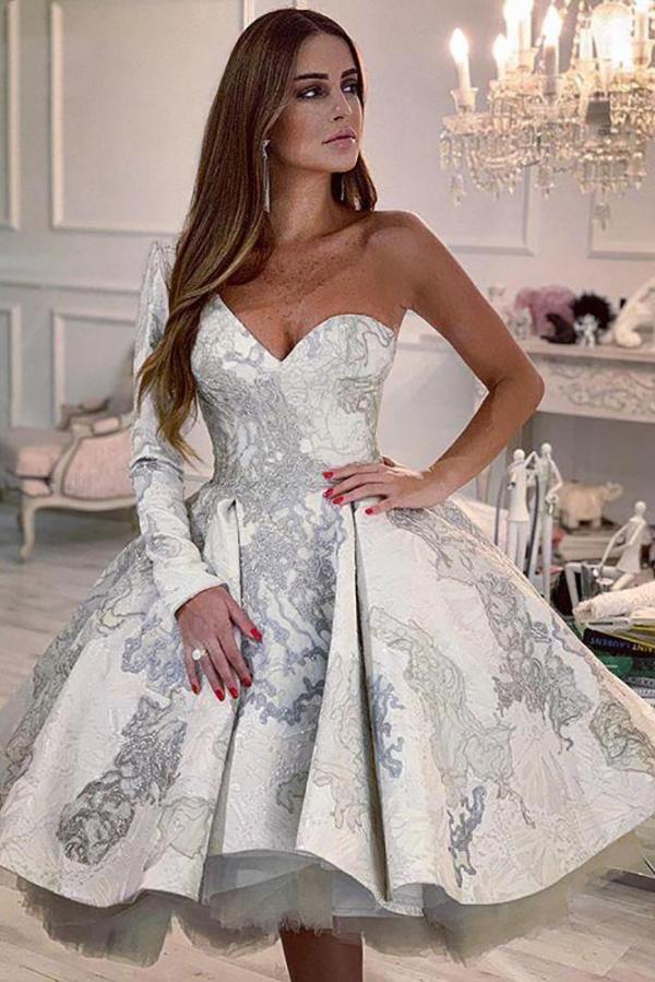 Elegant A-line One Shoulder Wedding Dress with Floral Pattern and Sleeves-Wedding Dresses-BallBride