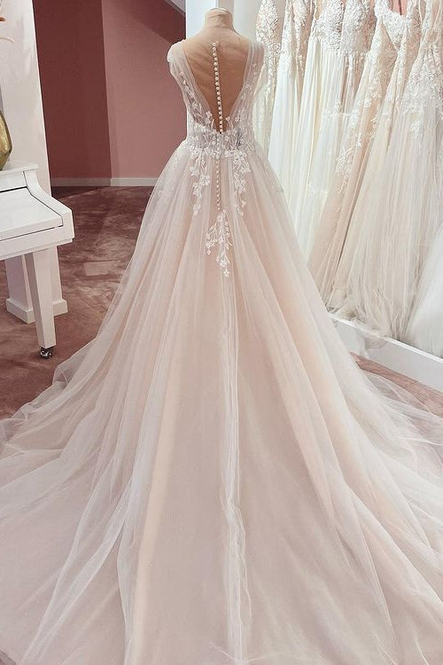 Elegant A-Line Wedding Dress with Wide Straps and Lace Appliques-Wedding Dresses-BallBride