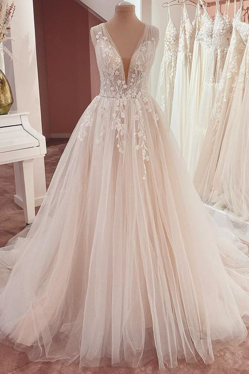 Elegant A-Line Wedding Dress with Wide Straps and Lace Appliques-Wedding Dresses-BallBride
