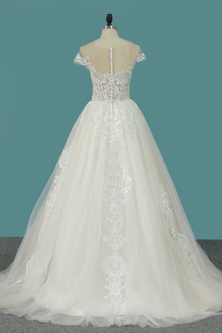 Elegant Bateau A-Line Floor-length Wedding Dress With Ruffles, Tulle Appliques and Lace-Wedding Dresses-BallBride