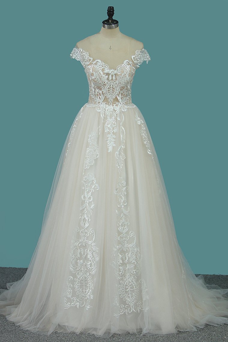 Elegant Bateau A-Line Floor-length Wedding Dress With Ruffles, Tulle Appliques and Lace-Wedding Dresses-BallBride