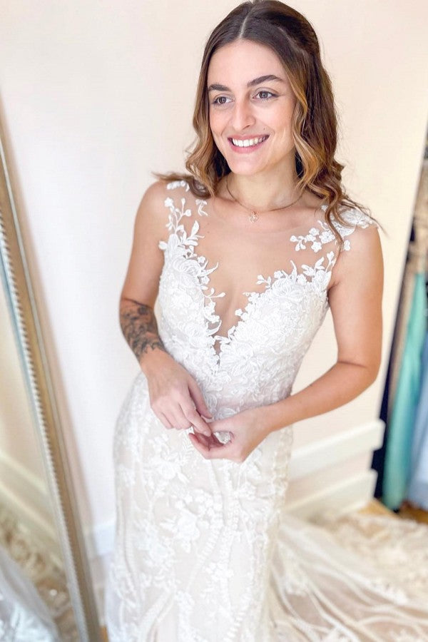 Elegant Bateau Mermaid Wedding Dress With Appliques Lace-Wedding Dresses-BallBride