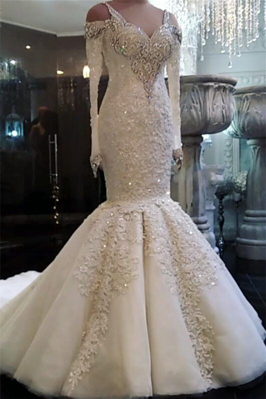 Elegant Beadings V-Neck Mermaid Wedding Dress With Lace Appliques-Wedding Dresses-BallBride