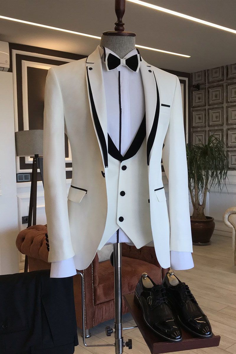 Elegant Black Designer Wedding Suits For Groom with White Notched Lapel-Prom Suits-BallBride