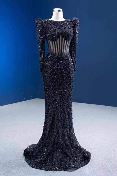 Elegant Black Jewel Neck Mermaid Prom Dress With Appliques and Long Sleeves-BallBride