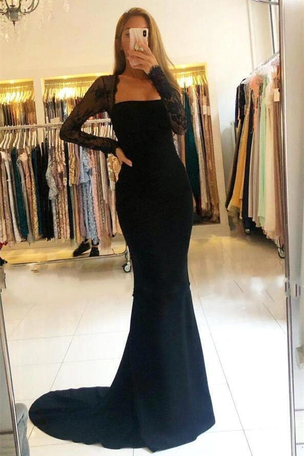 Elegant Black Lace Long Sleeve Mermaid Prom Dress-BallBride