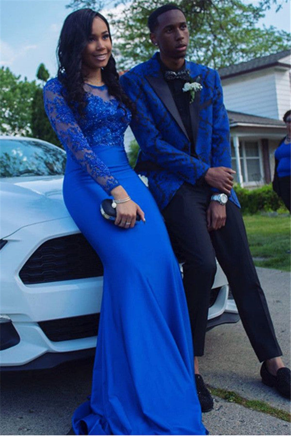 Elegant Black Lapel Homecoming Suits With Royal Blue Jacquard for Prom-Prom Suits-BallBride