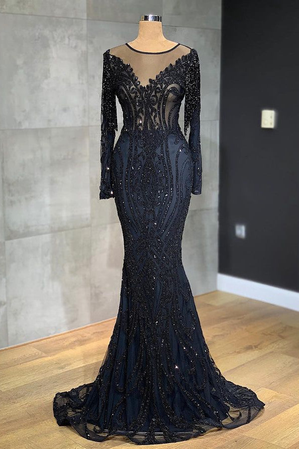 Elegant Black Mermaid Evening Dress with Long Sleeves and Appliques-BallBride