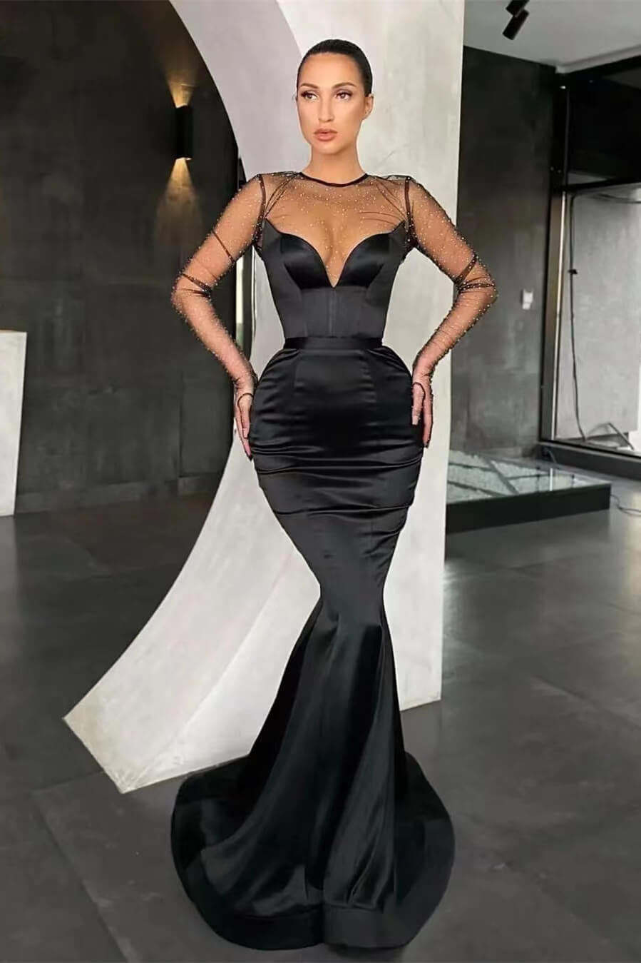 Elegant Black Mermaid Long Sleeves Prom Dress With Beads Online V-Neck-BallBride