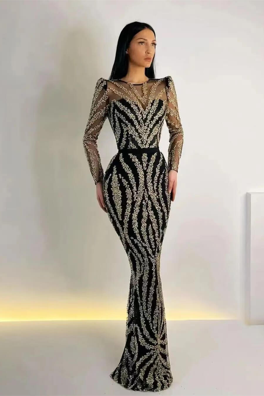 Elegant Black Mermaid Prom Dress with Appliques & Detachable Ruffles Long Sleeves-BallBride