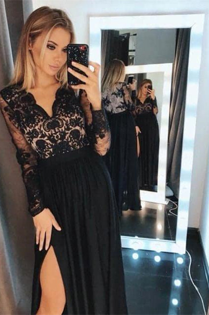 Elegant Black Prom Dress with Slit Sleeves-BallBride