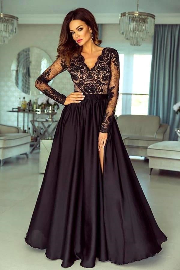 Elegant Black Prom Dress with Slit Sleeves-BallBride