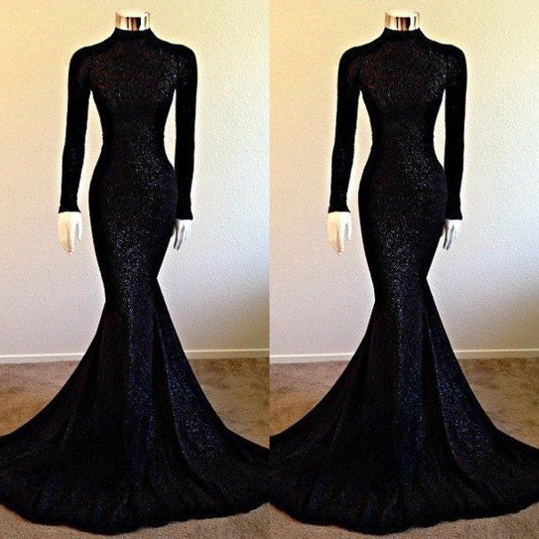 Elegant Black Sequins Long Sleeves Prom Dress Mermaid Long-Occasion Dress-BallBride