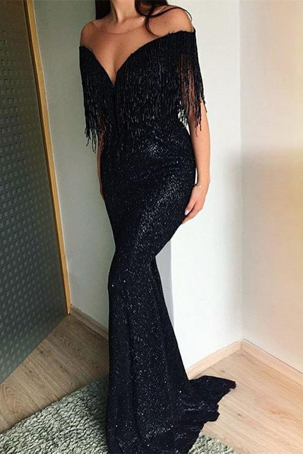 Elegant Black Sequins Tassles Mermaid Prom Dress-BallBride