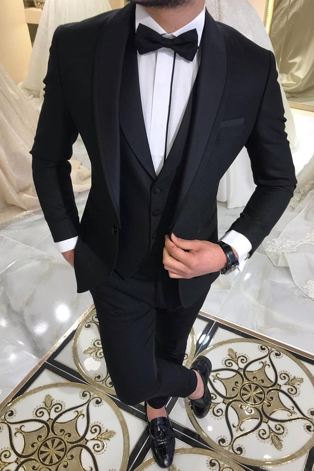 Elegant Black Shawl Lapel Wedding Tailcoats with Waistcoat - 3 Pieces-Wedding Suits-BallBride