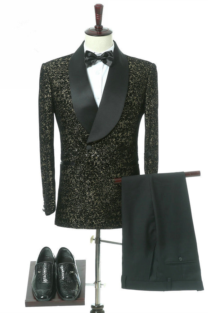Elegant Black Slim Fit Double Breasted Wedding Tuxedo with Shawl Lapel-Wedding Suits-BallBride