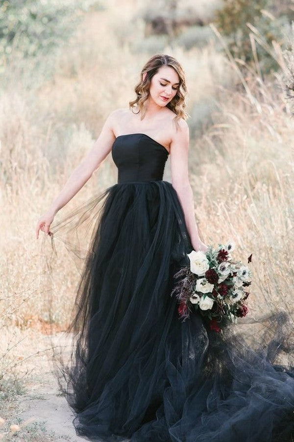 Elegant Black Strapless A-line Wedding Dress with Tulle Floor-length-Wedding Dresses-BallBride