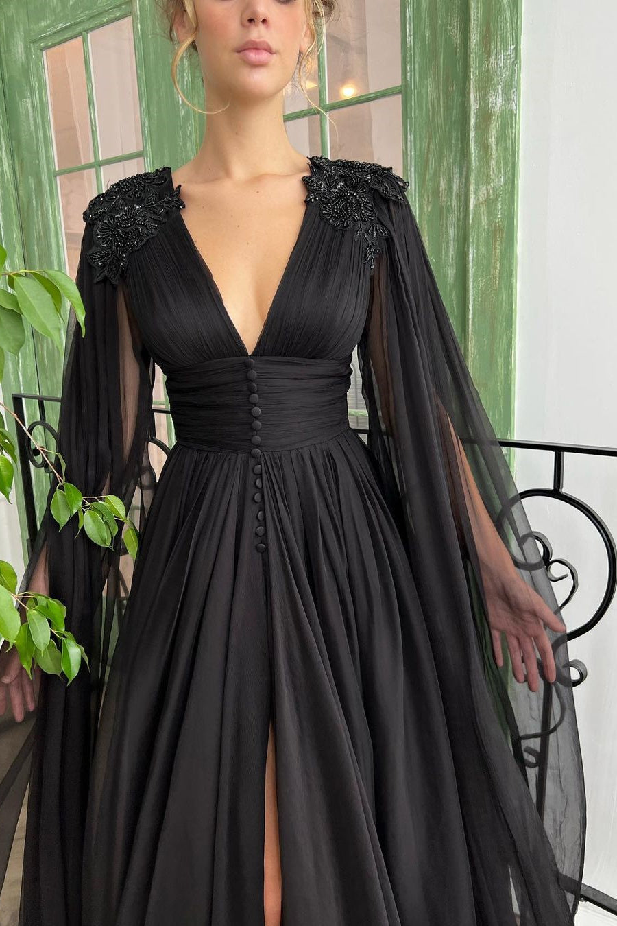 Elegant Black Tulle Evening Dress with Deep V Neck, Front Slit, and Ruffle Sleeves-Evening Dresses-BallBride