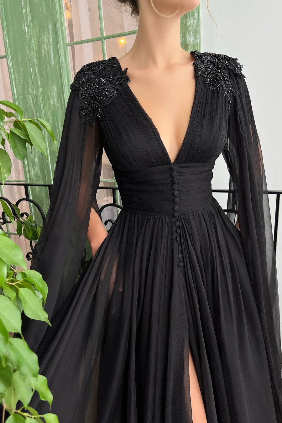 Elegant Black Tulle Evening Dress with Deep V Neck, Front Slit, and Ruffle Sleeves-Evening Dresses-BallBride