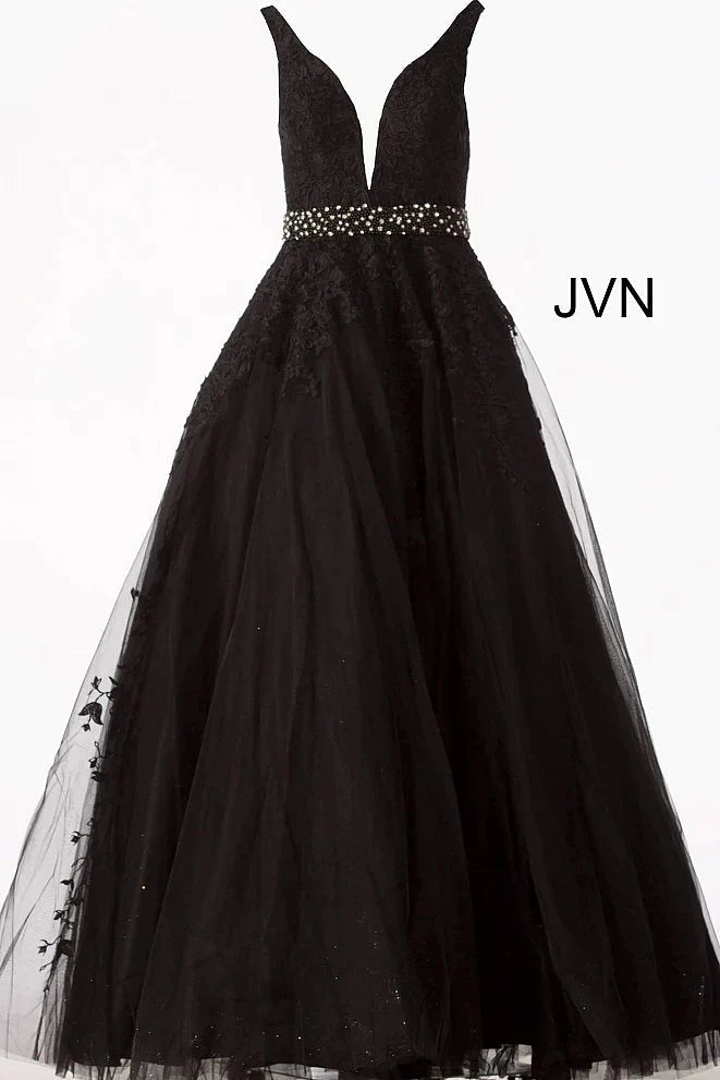 Elegant Black V-Neck Prom Dress with Applique Beadings-BallBride