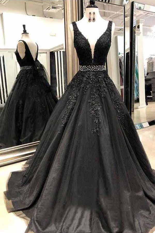 Elegant Black V-Neck Prom Dress with Applique Beadings-BallBride