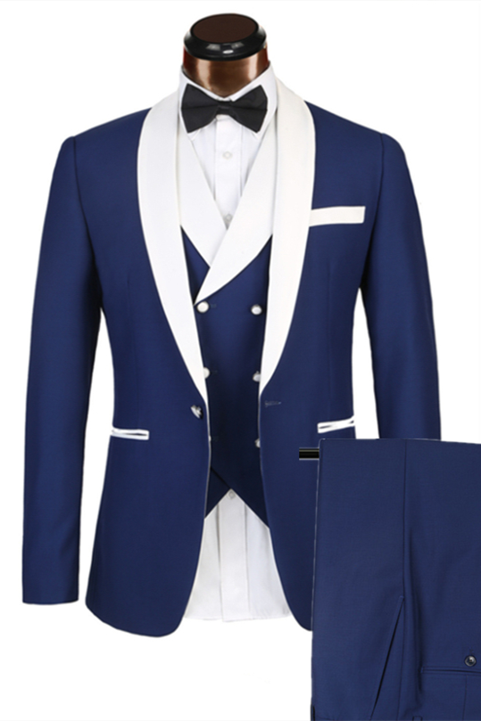 Elegant Blue Men's Suit for Weddings - 3 Piece White Lapel Edge Banding-Wedding Suits-BallBride