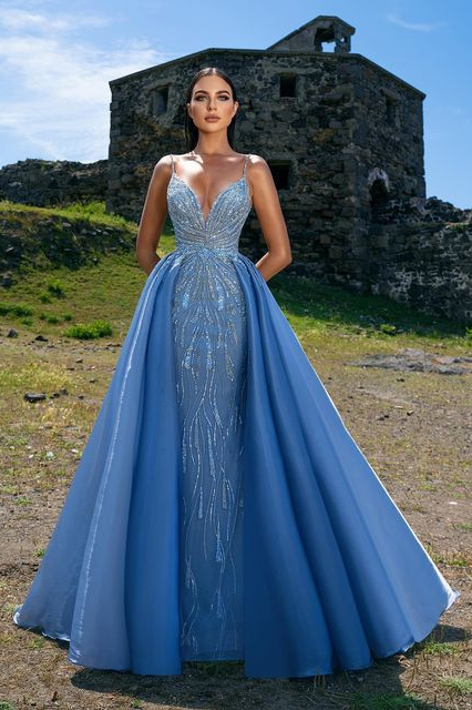 Elegant Blue Prom Dress with Spaghetti Straps and Sequins Overskirt-BallBride