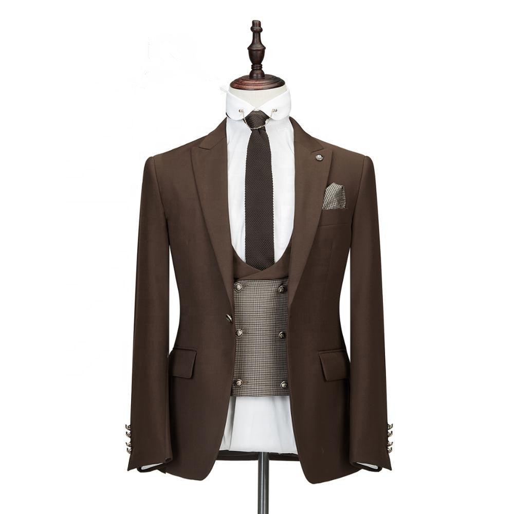 Elegant Brown Three-Piece Peaked Lapel Slim Fit Wedding Suit For Men-Wedding Suits-BallBride