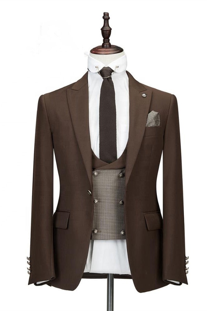 Elegant Brown Three-Piece Peaked Lapel Slim Fit Wedding Suit For Men-Wedding Suits-BallBride