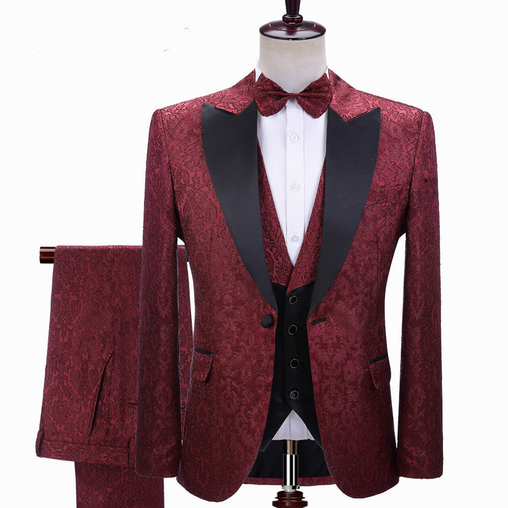 Elegant Burgundy Jacquard Wedding Tuxedo with Lapel Detail-Wedding Suits-BallBride