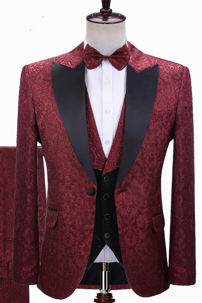 Elegant Burgundy Jacquard Wedding Tuxedo with Lapel Detail-Wedding Suits-BallBride