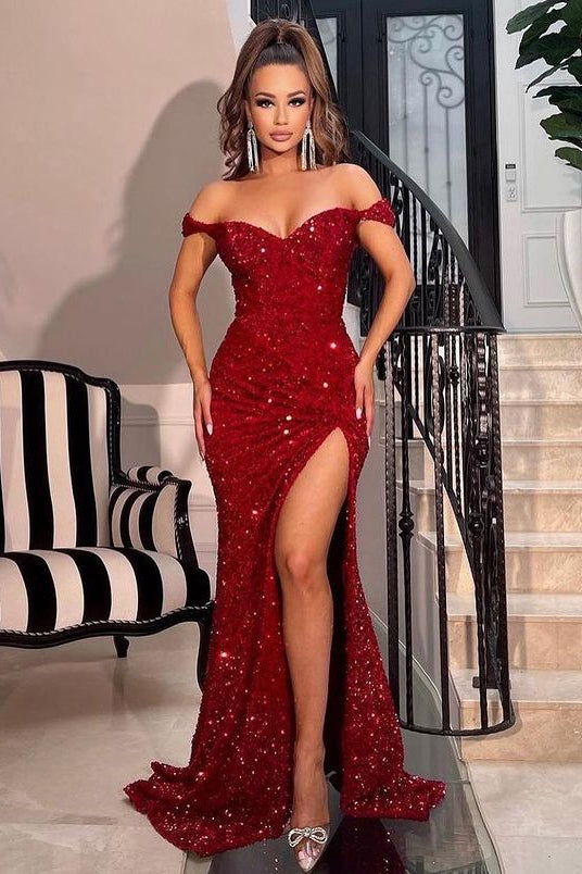 Elegant Burgundy Mermaid Sequins Prom Dress with Off-the-Shoulder and Slit-Occasion Dress-BallBride