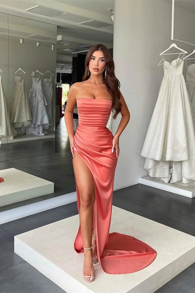 Elegant Coral Strapless Mermaid Evening Dress Mermaid Long Split With Pleats-BallBride