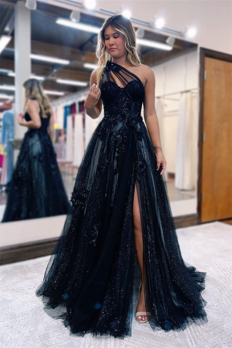 Elegant Dark Navy One Shoulder Prom Dress With Tulle Slit and Appliques-Occasion Dress-BallBride