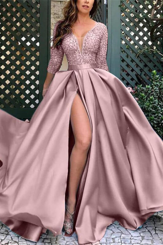 Elegant Deep V Neck Satin Prom Dress with 3/4 Sleeves and Lace Split-BallBride