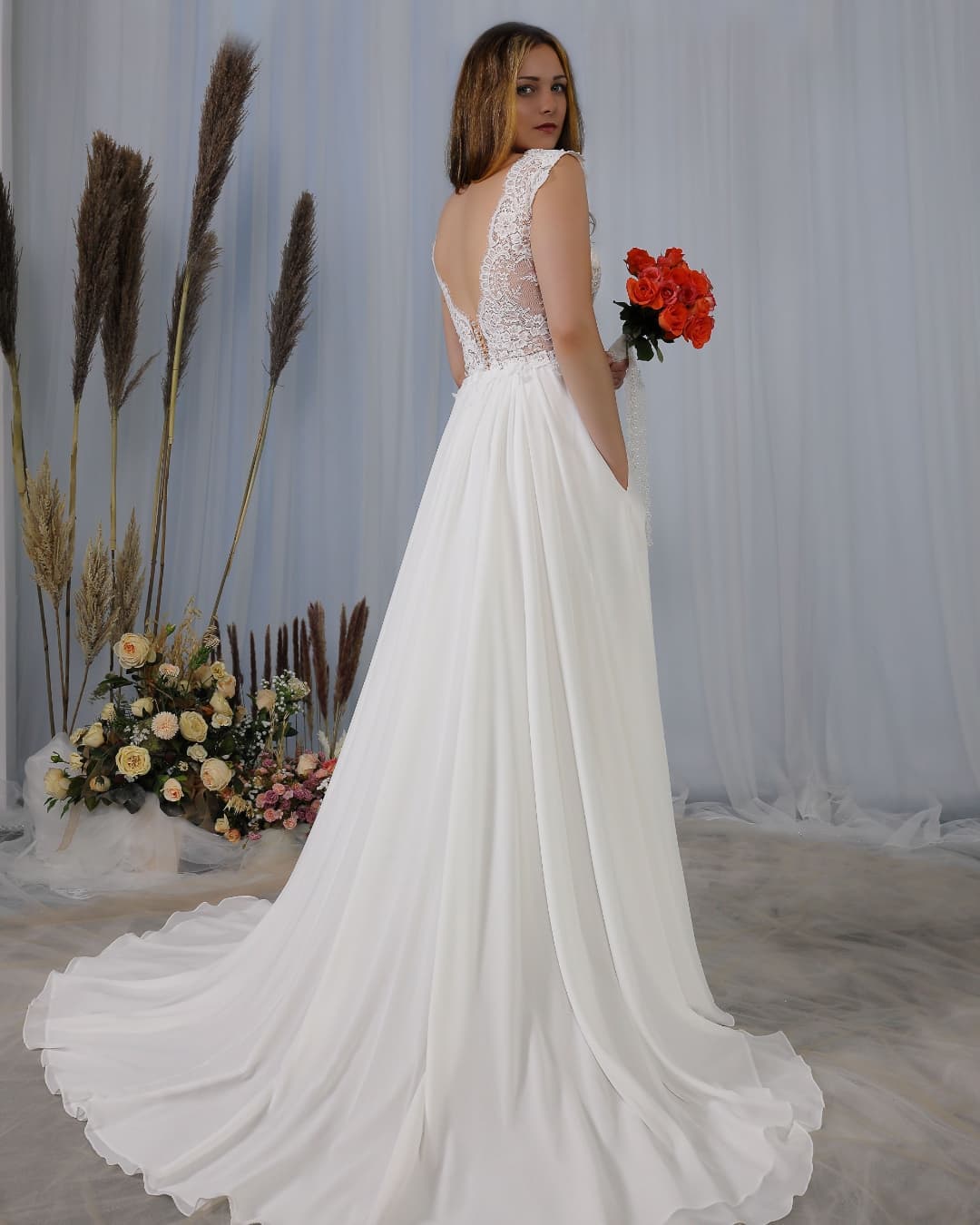 Elegant Deep V-neck Wedding Dress with Wide Straps & Appliques Lace-Wedding Dresses-BallBride