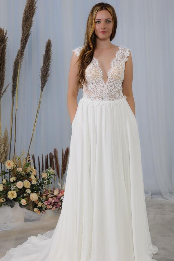 Elegant Deep V-neck Wedding Dress with Wide Straps & Appliques Lace-Wedding Dresses-BallBride