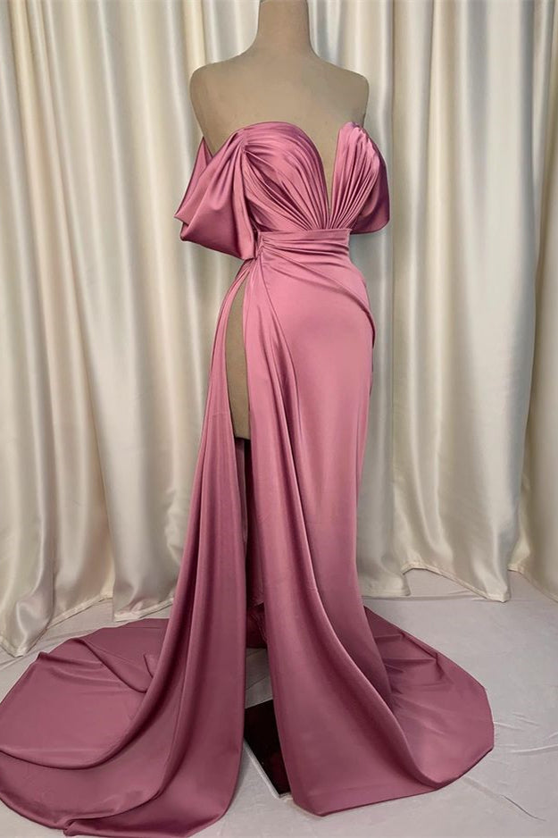 Elegant Dusty Pink Off-the-Shoulder Prom Dress Long Sweetheart with High Split-Occasion Dress-BallBride