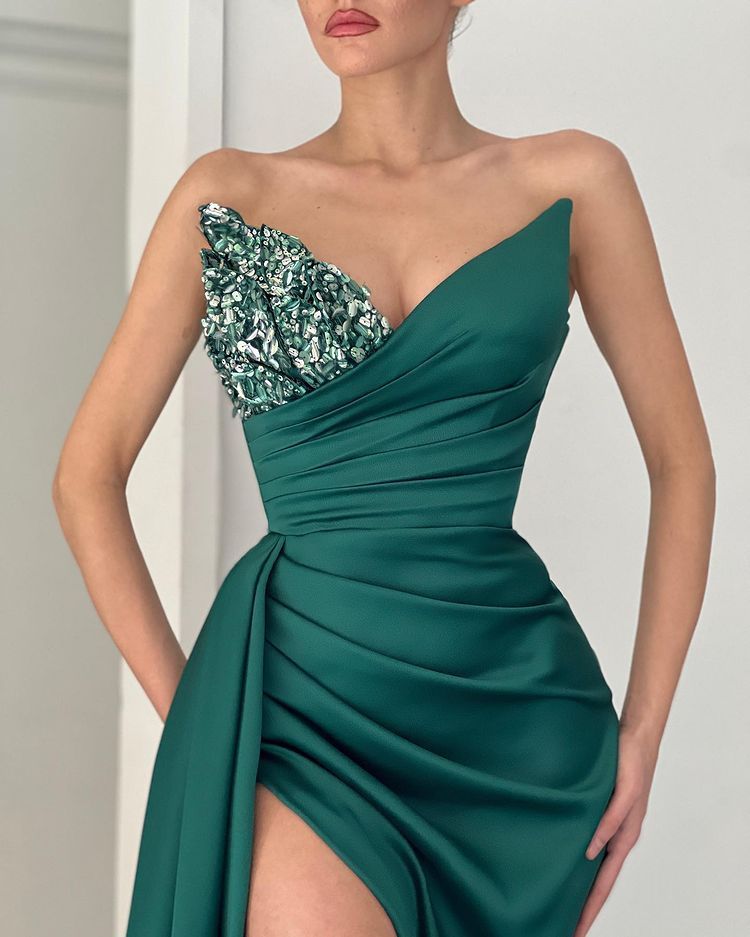 Elegant Emerald Green V Neck Mermaid Prom Dress With Long Split-BallBride
