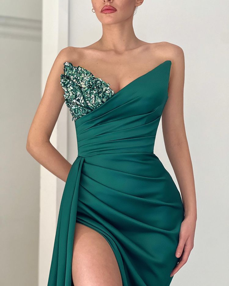 Elegant Emerald Green V Neck Mermaid Prom Dress With Long Split-BallBride