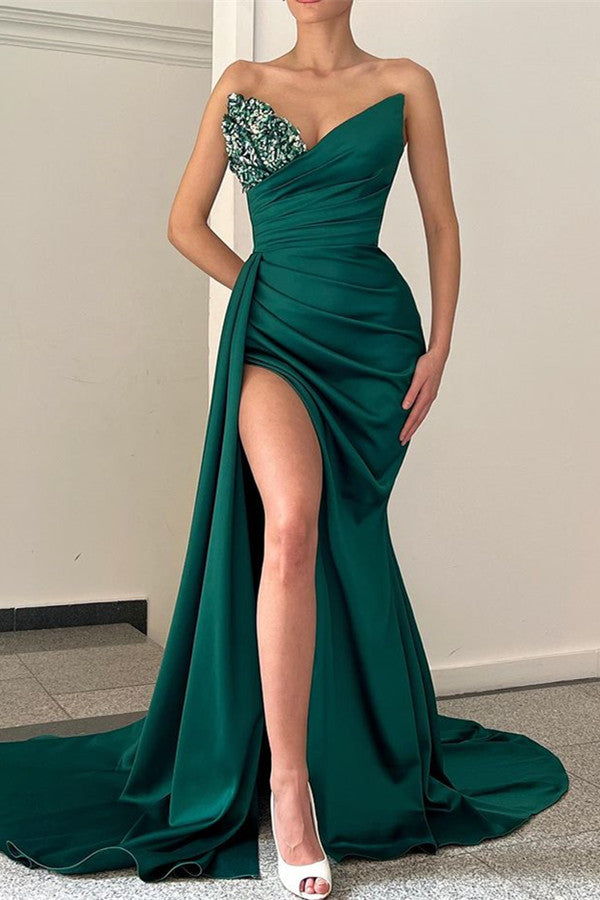 Elegant Emerald Green V Neck Mermaid Prom Dress With Long Split-BallBride