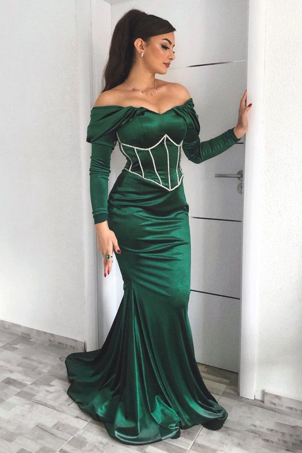 Elegant Emerald Long Sleeves Mermaid Evening Dress With Appliques-Evening Dresses-BallBride