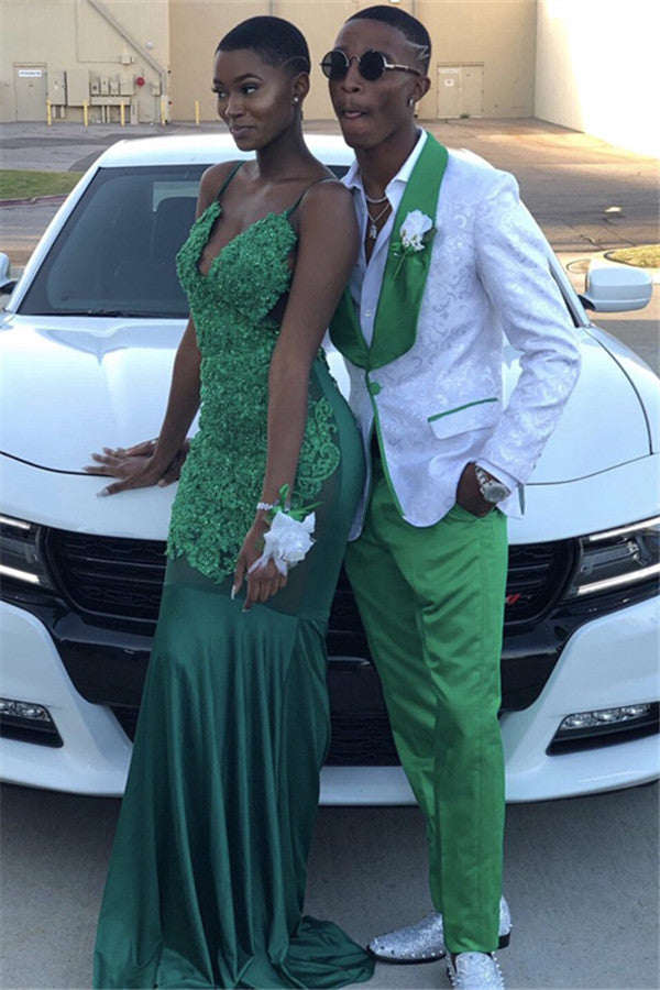 Elegant Green One Button Custom Wedding Suits With White Jacquard Lapel-Prom Suits-BallBride