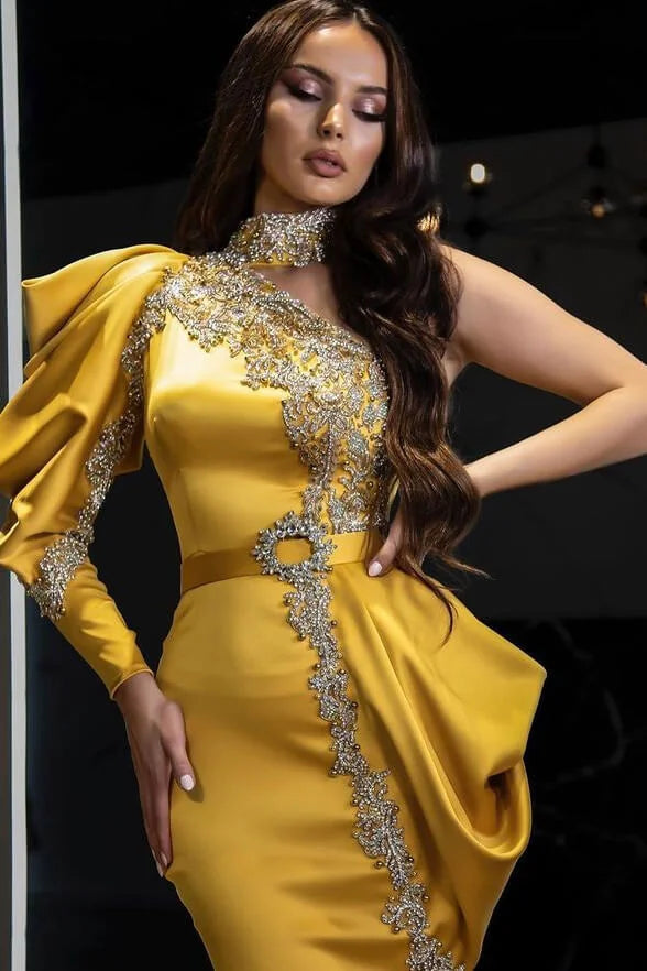 Elegant High Neck Long Sleeves Gold Evening Dress Mermaid With Beads-BallBride
